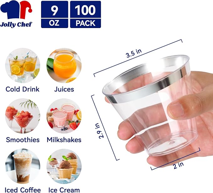 JOLLY CHEF 100 Pack Silver Plastic Cups, 9 oz Clear Plastic Tumblers, Elegant Silver Rimmed Cups, Disposable Glasses for Wedding, Thanksgiving Day, Christmas Party