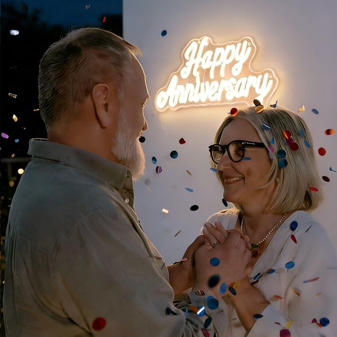 Happy Anniversary Neon Sign - 15.75" Dimmable LED Wall Decor Light, USB Romantic Gift for Couples,Business Celebrate Banner，Party Wedding Anniversary Decorations