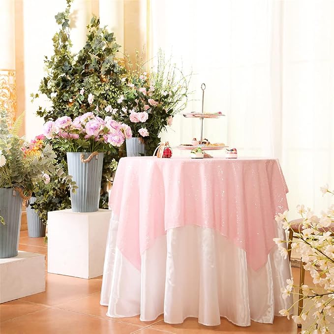 Eternal Beauty Sequin Tablecloth, 50x50 Inch Pink Square Glitter Table Cover for Mother's Day Cake Dessert Exhibition Party Birthday Events