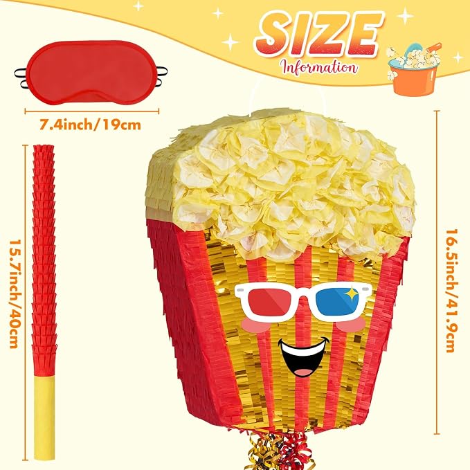 WERNNSAI Popcorn Piñata - Pull String Piñata with Stick and Blindfold, for Video Movie Night Holiday Celebration, Parties Carnivals Games Supplies (16.5"x12.4"x3")
