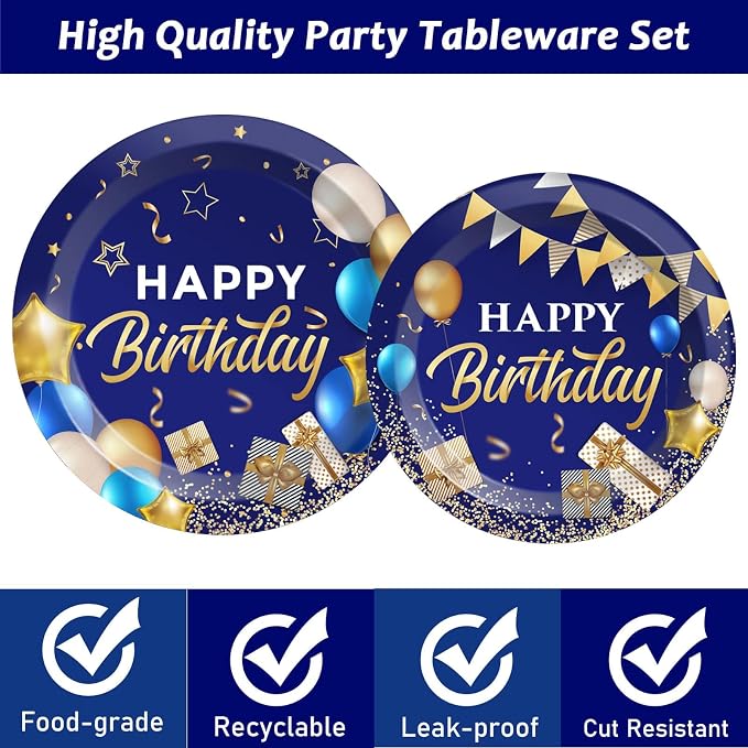 gisgfim 50 Guests Blue and Gold Birthday Plates and Napkins Party Supplies Navy Blue Party Tableware Set Blue Birthday Decorations Favors for Men Women Baby Shower 200 PCS