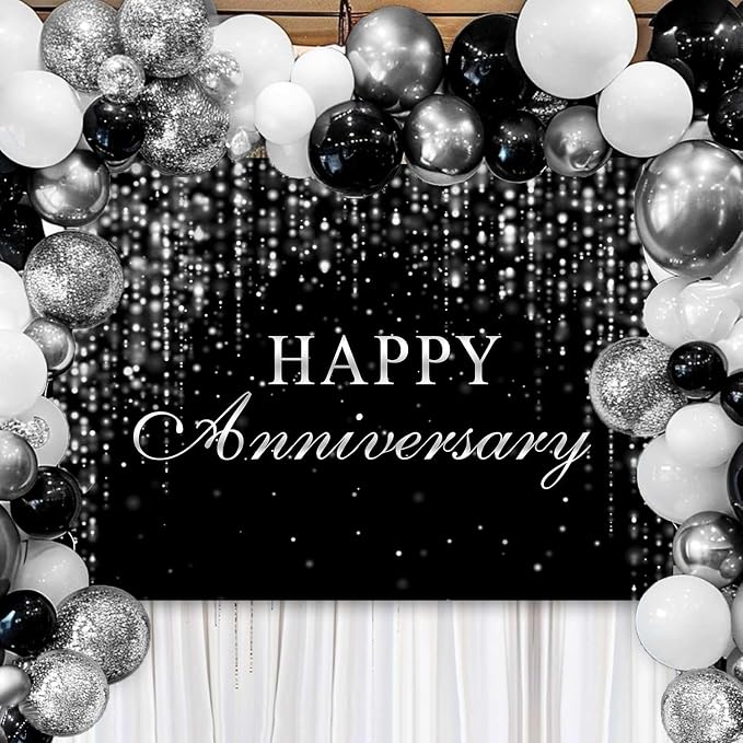 Sensfun Happy Anniversary Backdrop Black Silver Glitter Marriage Wedding Party Decorations Banner Shining Flowing Curtain We Still Do Anniversary Sign Photography Background Photo Booth Props 7x5ft