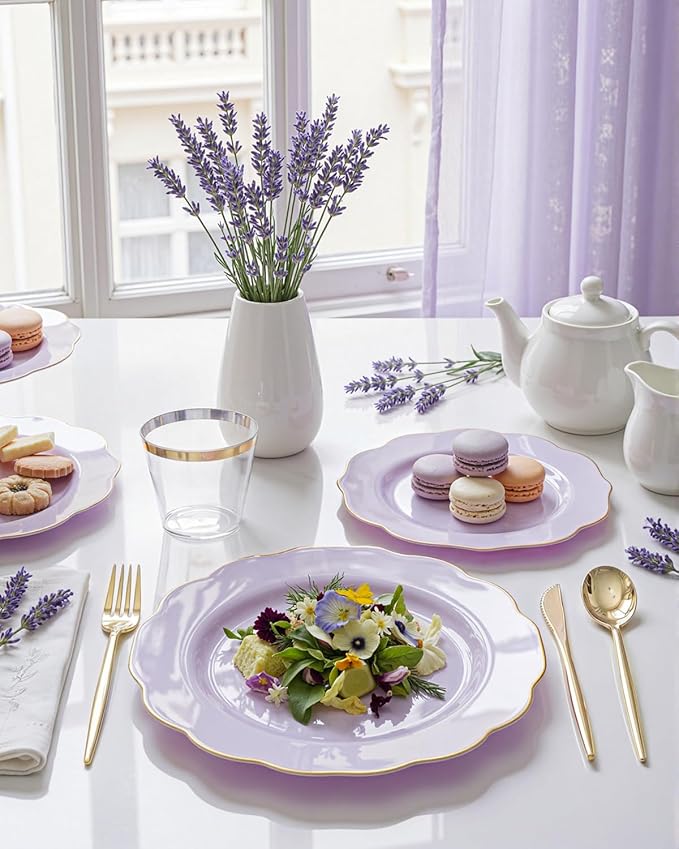 bUCLA 180PCS Purple Plastic Plates - Disposable Purple with Gold Rim, Include 30 Each (Dinner & Salad) Plates, 30 Knives, 30 Forks, 30 Spoons, 30Cups for Party, Shower & Birthday