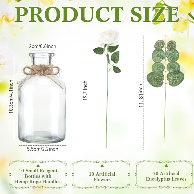 10 Set Vases Glass Centerpiece for Table 10 Small Clear Glass Vases 10 Artificial Roses 30 Leaves with Rope Flower Centerpieces for Wedding Arrangement Party Home Decoration(White)