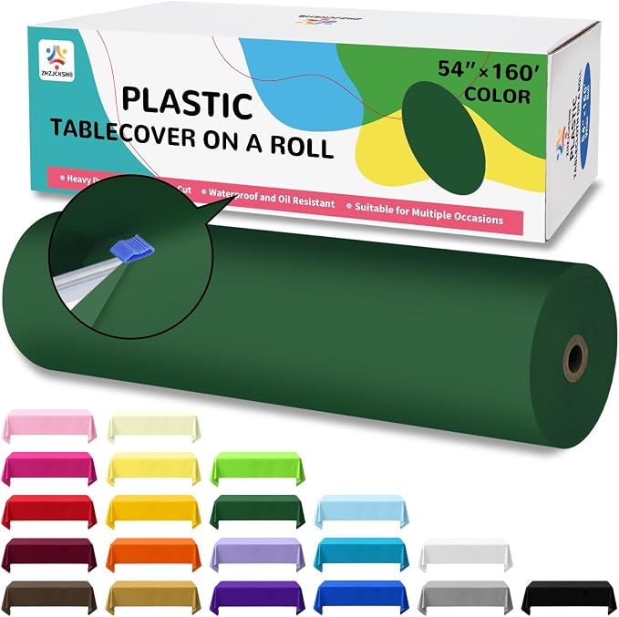 54IN X 160FT Plastic Table Cover Roll with Cutter Box, Cut to Size Plastic Table Cloths for Parties, Birthday, Disposable Tablecloth Roll for All Shape Tables (Green, 54 Inch X 160 Feet)
