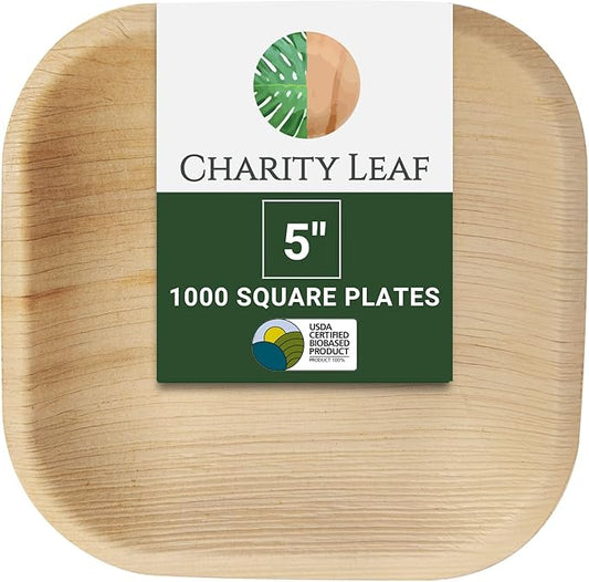 Charity Leaf Disposable Palm Leaf 5" Square Plates (1000 pieces) Bamboo Like Serving Platters, Disposable Boards, Eco-Friendly Dinnerware For Weddings, Catering, Event