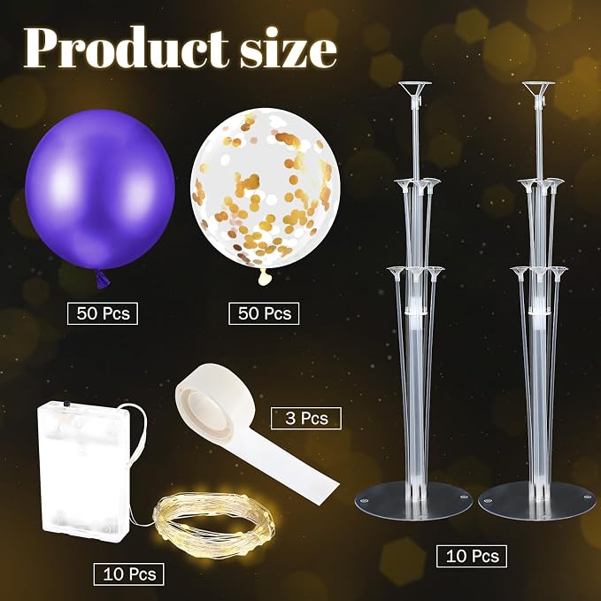 Junkin 10 Set Balloon Stand Kit for Centerpiece with LED String Light 100 Pcs Balloons Table Balloon Stand Centerpieces for Birthday Wedding Baby Shower Back to School Party Decor(Purple)