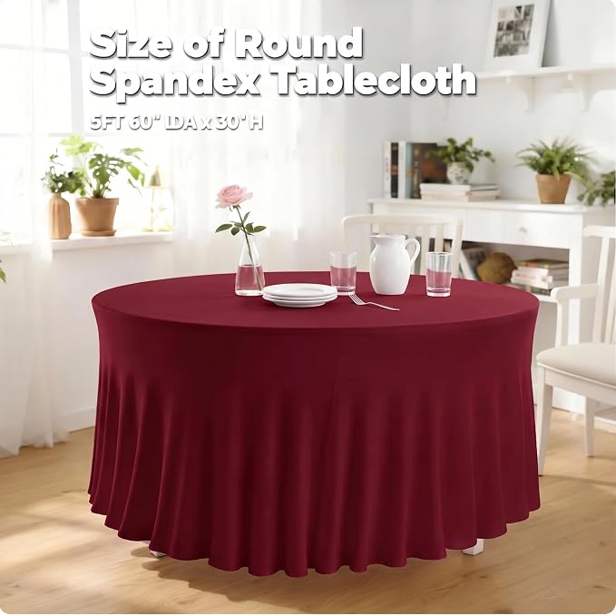 10 Pack Red Round Spandex Tablecloths for 60in Tables, 120 Inch Stretch Fitted Table Skirts, Wrinkle-Free Washable Polyester Covers for Wedding, Banquet & Party