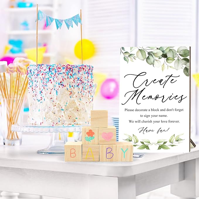 97 Pcs Baby Shower Games Sign Kit,Including Decorate a Block Game Sign 72 DIY Blank Wooden Block 24 Painting Pen to Draw Your Idea for Baby Shower Game Gender Reveal Party