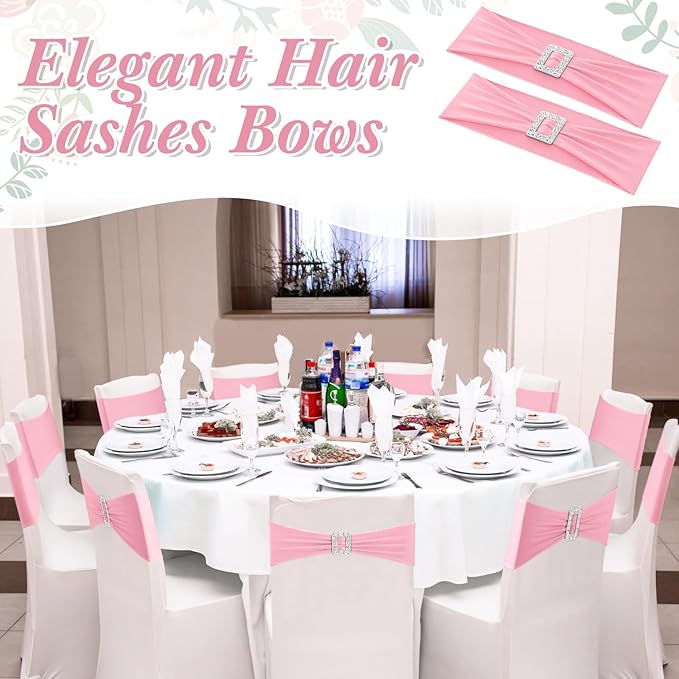 VitalCozy 150 Pcs Spandex Chair Sashes with Square Buckle Slider Stretch Chair Cover Band Universal Elastic Ties Straps Bows for Wedding Banquet Event Party Decoration(Light Pink)