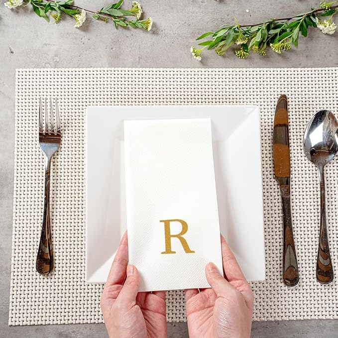 Luxenap 15.8 X 7.9 Inch Linen-Feel Guest Towels, 2000 Lettered Hand Towels - Gold Letter 'R', Sans Serif Font, White Paper Dinner Napkins, airlaid, For Restrooms And Tables