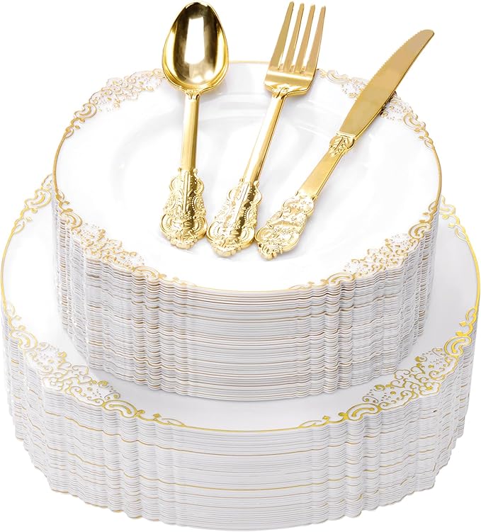 Goodluck 250 PCS Vintage White & Gold Rim Plastic Plates with Cutlery Set - Serves 50 - Heavy Duty Elegant Disposable Dinnerware for Formal Wedding, Catering, Upscale Party