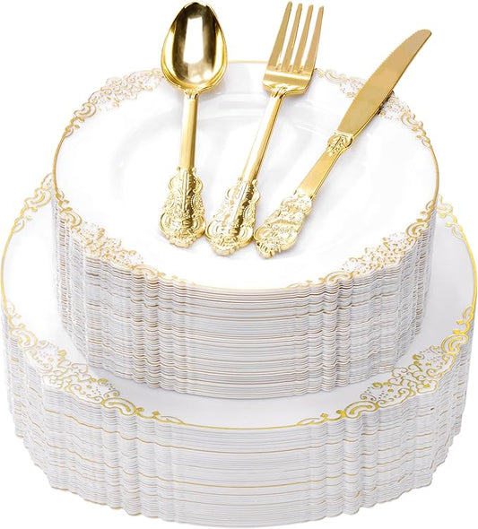 Goodluck 250 PCS Vintage White & Gold Rim Plastic Plates with Cutlery Set - Serves 50 - Heavy Duty Elegant Disposable Dinnerware for Formal Wedding, Catering, Upscale Party