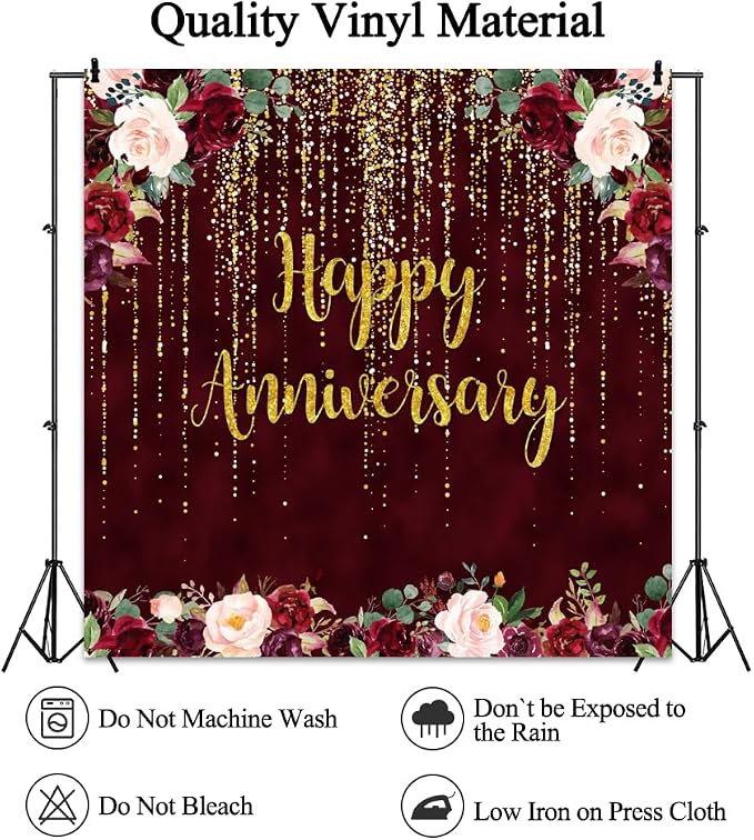 8x8ft Happy Anniversary Backdrop, Gold Glitter Burgundy Wedding Anniversary Photography Background 1st 40th 50th 65th Couple Wedding Women Birthday Floral Party Decorations Cake Table Decor