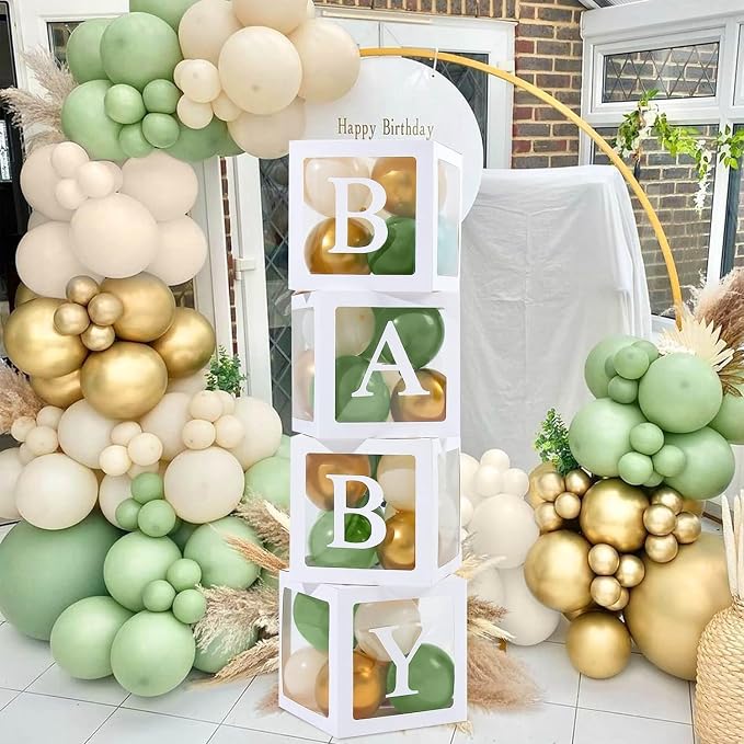 Sage Green Baby Shower Decorations Boy Girl - 4Pcs Baby Boxes with lettes and 112Pcs Green White Gold Balloons Arch Kit for Baby Shower Decorations, Dinosaur Jungle Safari Baptism Party Supplies