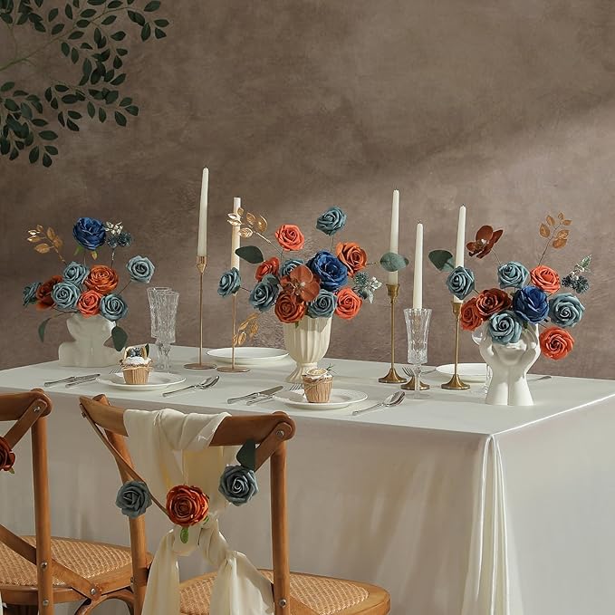 Garisey Artificial Flowers Combo for DIY Wedding Bouquets Combo Centerpieces Arrangements Party Bridal Baby Shower Home Decorations-Teal&Terracotta