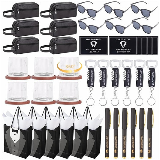 6 Sets Groomsmen Proposal Gifts, Proposal Bags with Spinning Whiskey Glasses PU Leather Toiletry Bag Best Man Bottle Opener Sunglasses Pen Card for Wedding Groomsman Best Man Gift
