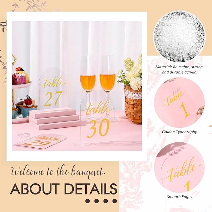 Vicenpal 4 x 6 Inch 30 Sets Acrylic Gold Table Numbers 1-30 Clear Table Signs Display Stand for Wedding Reception Event Party Centerpieces Decor
