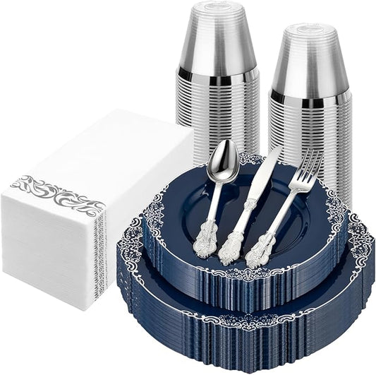 Bestluck 175PCS Navy Blue Plastic Plates for 25 Guests, Disposable Plates with Silver Trim include 25 Dinner and Dessert Plates, 75 Gold Silverware, 25 Cups, 25 Napkins for Party, Wedding & Graduation