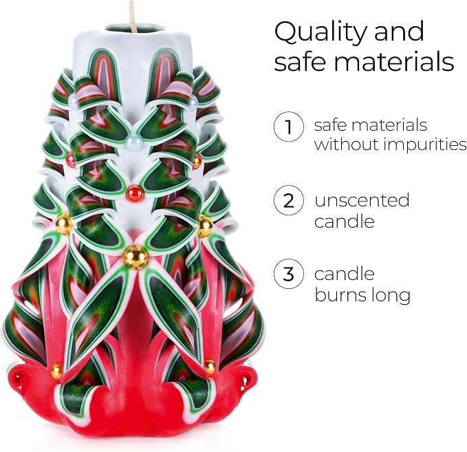 Carved Candles - Handmade Decorative Large Candle – Tall Long Burning Cute Spiral Candles for Women – Table Candle for Home Decor, Cozy Cottage Core Gift - Christmas Gift for Mom - Green&red
