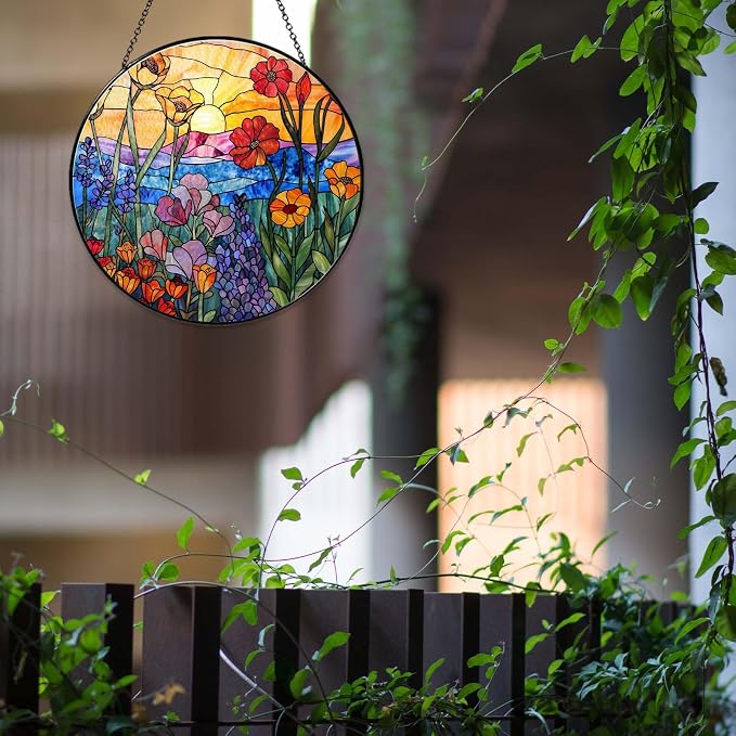 Wildflowers Sun Catcher 6'' Stained Glass Window Hanging Plant Lover Gifts for Women Wildflowers Wall Decor Handmade Sun Catcher Decoration for Garden Home Housewarming Gifts