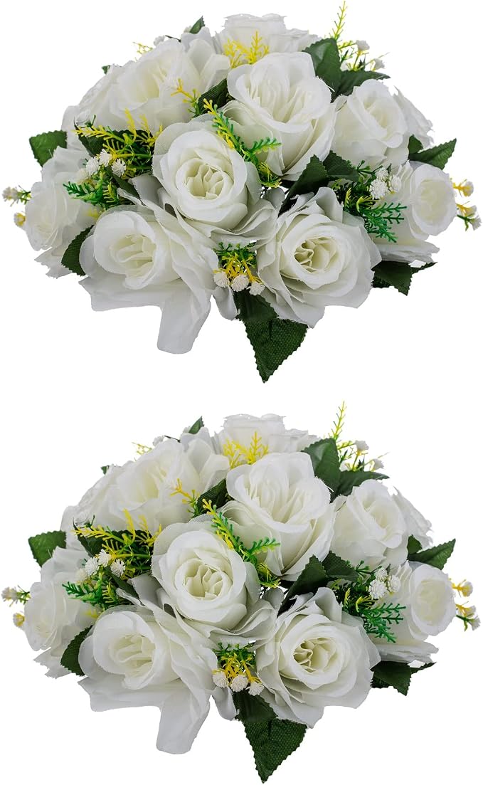 LoveCat Artificial Flower Centerpieces for Tables: 2pcs of Rose Flower Balls, Flower Kissing Balls, Fake 15-Head Plastic Flower Roses with Base for Birthday Party Christmas Home Wedding Decor (White)