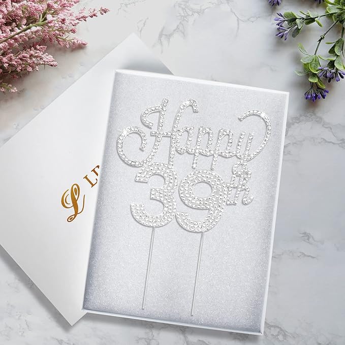 LINGTEER Happy 39th Birthday Silver Rhinestone Cake Topper - Cheers to 39th Birthday 39 Years Old Anniversary Party Cake Centerpieces Topper Decorations Gift Sign.