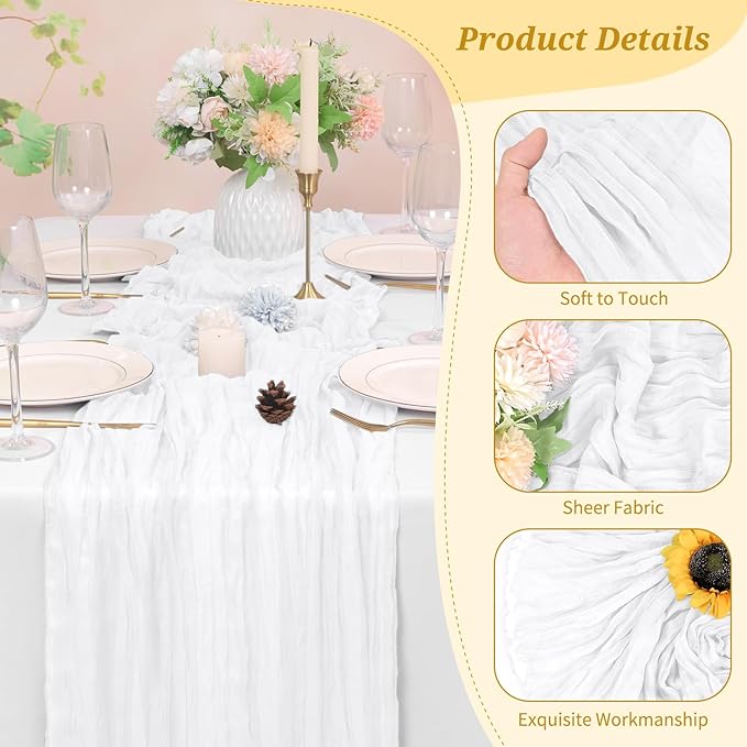 6 Pack Cheesecloth Table Runner White 10Ft Rustic Boho Gauze Table Runner Romantic Long Sheer Fabric Cheesecloth Table Runner for Wedding Festival Birthday Anniversary Dinner Outdoor Events