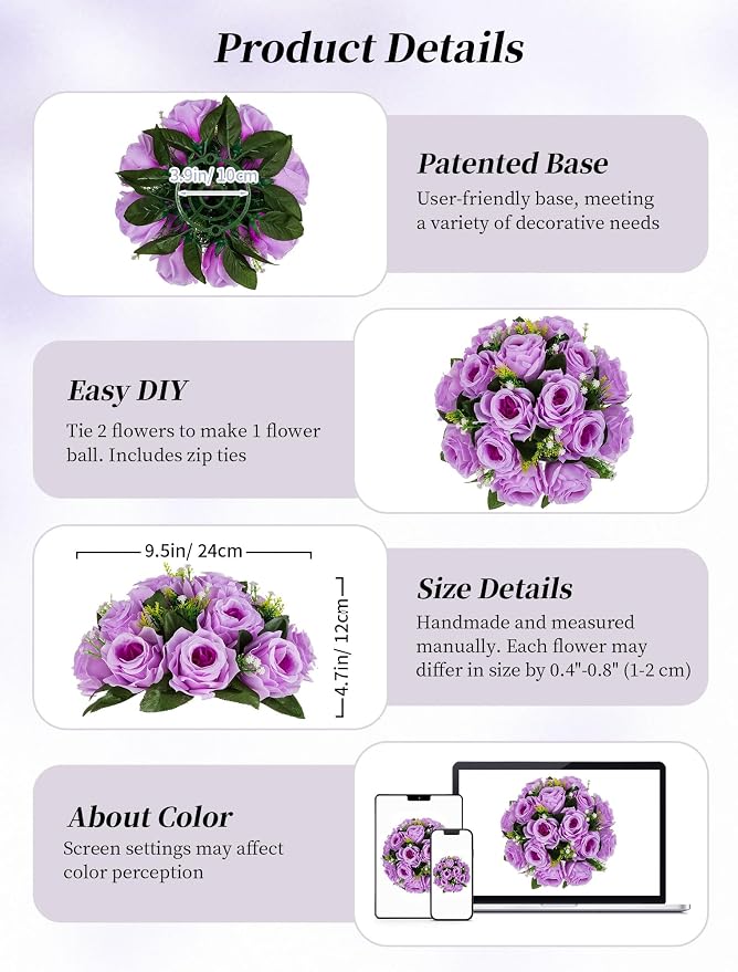 BLOSMON Flower Balls Table Centerpieces: 2 Pcs Fake Roses with Base Decor | Lilac Withe Kissing Floral Balls Arrangements for Wedding Decor - Faux Silk Flower Bouquet Home Party Event DIY Decorations