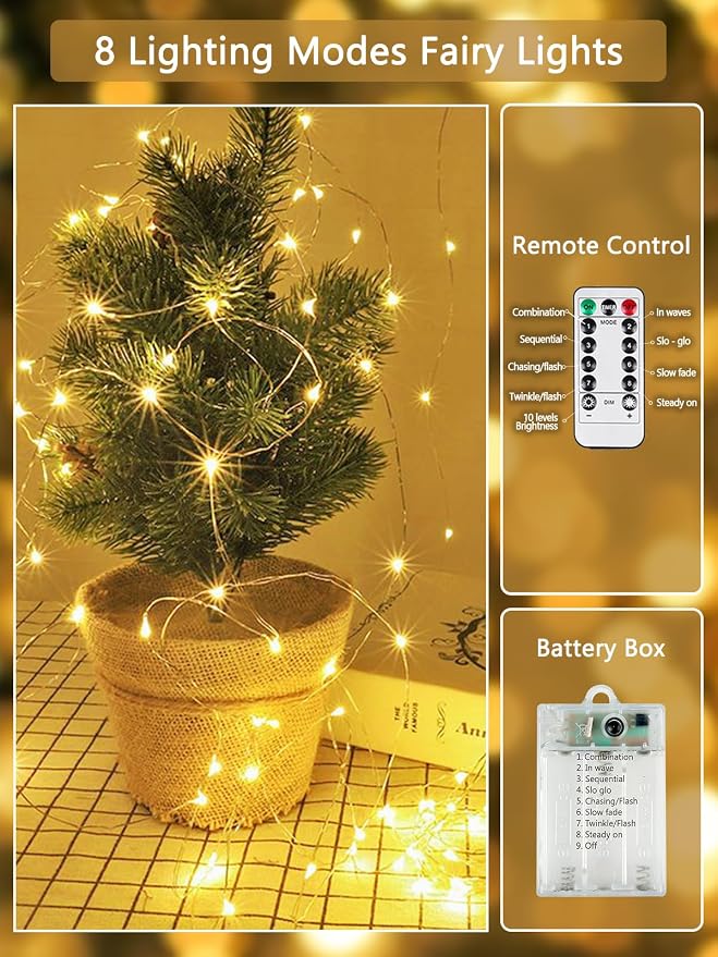 2 Pack Fairy Lights Battery Operated with Remote Twinkle Lights Warm White | Each 80LED 26FT, Waterproof Wire, 8 Modes, Timer & Memory, LED String Lights for Wedding Christmas Outdoor Indoor Table Decor