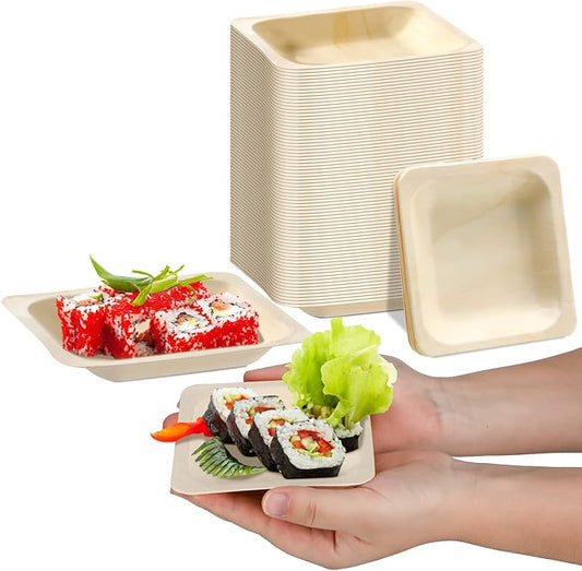 Disposable Square Palm Bowls Palm Leaf Bowls Bamboo Disposable Plates Square Wood Plates for Birthday Party, Wedding Events, Appetizer, Dessert, Catering and Home Use (50, 3.94x3.94x0.6 Inch)