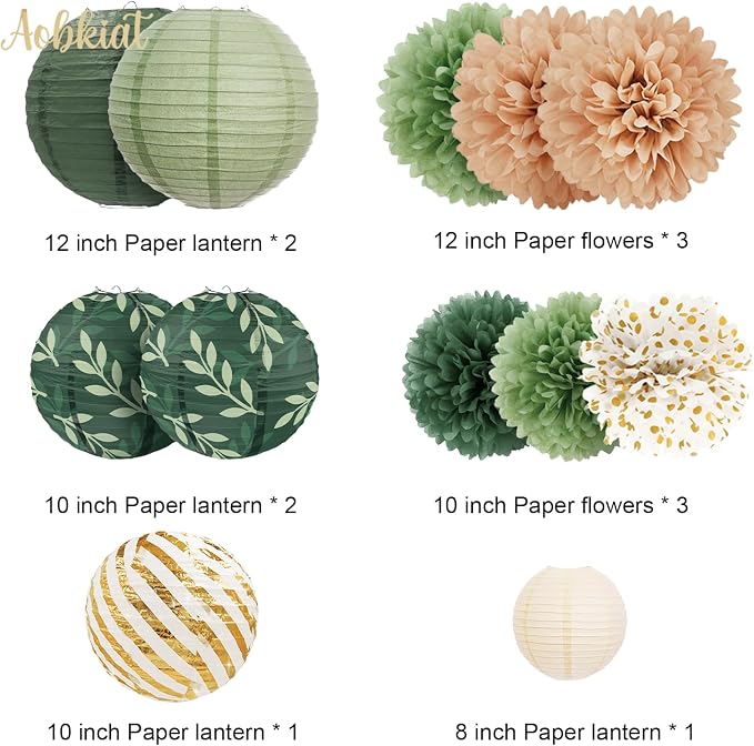 AOBKIAT Wedding Party Decorations Set,12PCS Olive Green Sage Paper Pom Poms Lanterns with Olive Leaf,for Engagement,Baby Shower,Bridal Shower,Boho Party