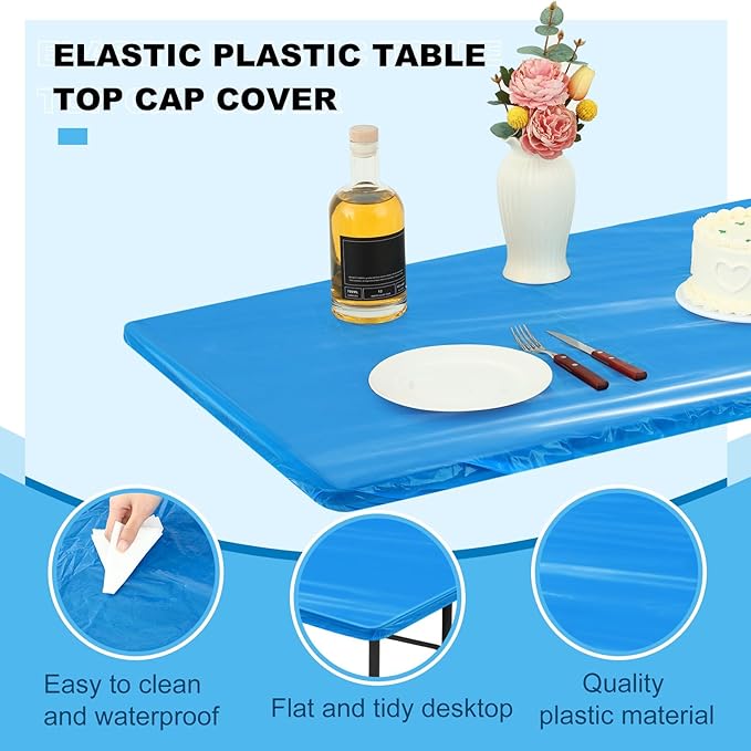 Boao 24 Pcs Summer Plastic Table Cloth Rectangle Picnic Table Covers Elastic Fitted Tablecloth, Disposable Waterproof for Camping, Indoor, Outdoor(8 Ft, 96 x 30 Inch,Blue)