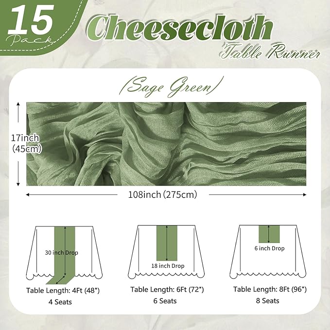 15 Pack Sage Green Cheesecloth Table Runner 17 x 108 inch Cheese Cloth Table Runners 9ft Green Table Runner Rustic Romantic Sheer Gauze Runner for Wedding Party Baby Shower Table Decoration