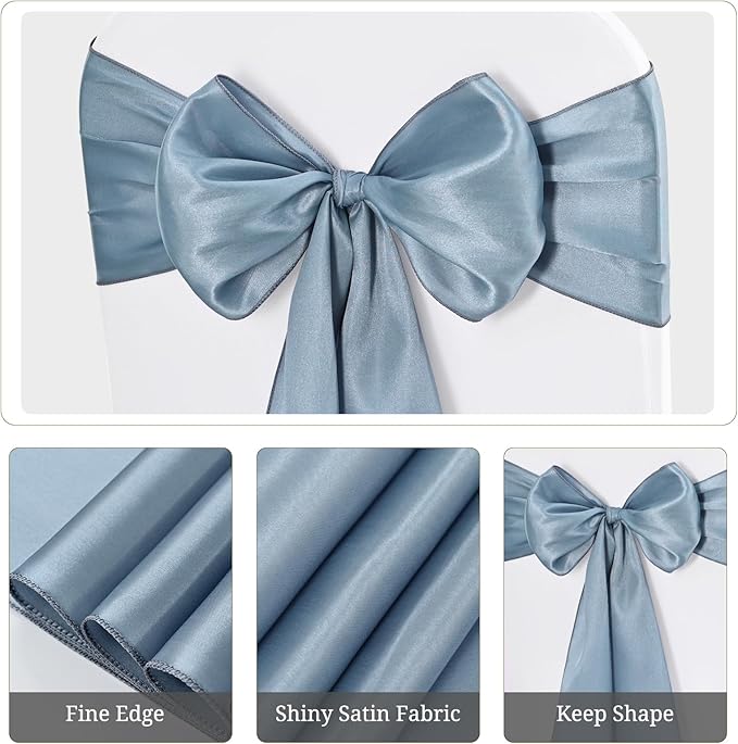 Pesonlook 60 PCS Dusty Blue Satin Chair Sashes Bows Satin Chair Sashes Universal Chair Cover for Wedding Reception Restaurant Event Decoration Banquet,Party,Hotel Event Decorations (7 x 108 inch)