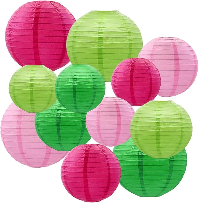 CC wonderland zone 12pcs Hot Pink and Green Paper Lanterns,Hanging Paper Lanterns for Bridal Shower Rustic Boho Birthday Wedding Home Decor Party Decoration