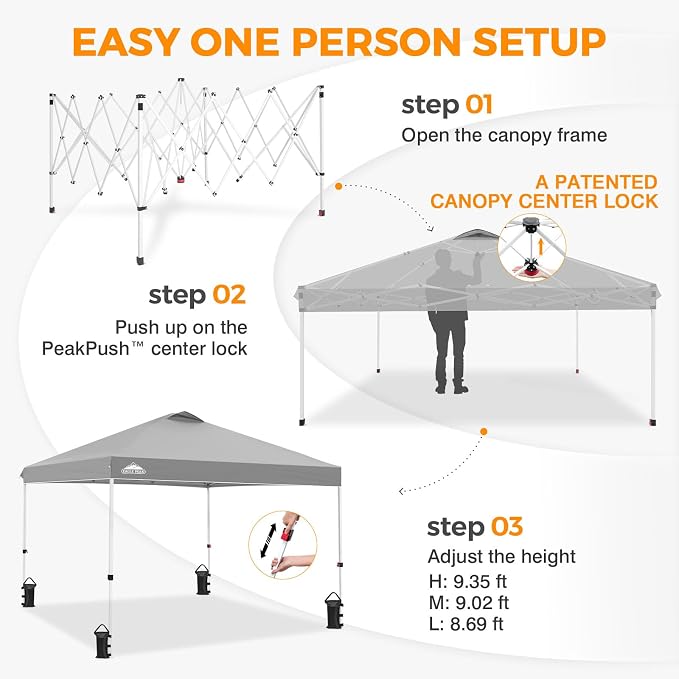 EAGLE PEAK Pop Up Canopy Tent with Wheeled Carry Bag, 8 Stakes, 4 Ropes, 4 Weight Bags, Easy Set Up Tent Canopy, 10x10 ft, 100sqft of Shade, Light Gray