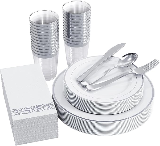 FOCUSLINE 175 Count Silver Dinnerware Set for 25 Guests - Silver Rimmed Disposable Plastic Plates Heavy Duty, Includes 25 Dinner & Salad Plates, Cups, Cutlery Set for Wedding Parties