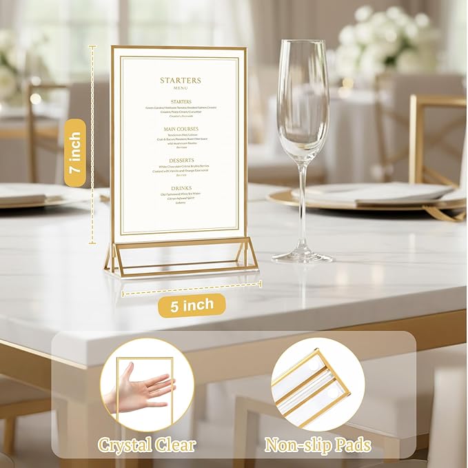 EHWINE 12 Pack Acrylic Sign Holder 5 x 7, Double Sided Gold Picture Frame Stand up Table Top Sign Holders, Clear Display Stand Menu Flyer Holder for Wedding Party (Provide Non-slip Mats)