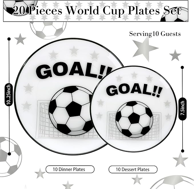 I00000 20 Pcs Plastic Soccer Plates - Heavy Duty Disposable Plates for Global Soccer Celebration Party Supplies include 10.25" Dinner Plate& 7.5" Dessert Plate for Soccer Party