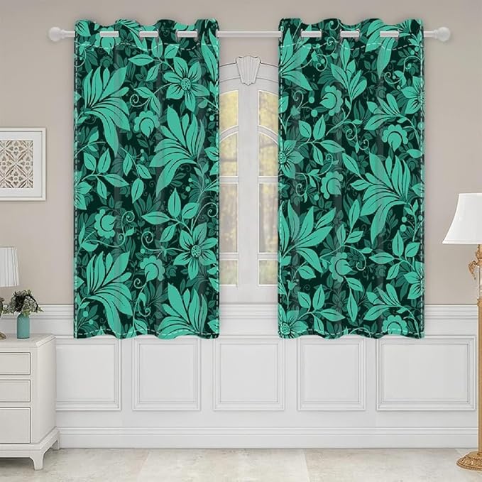 Spring Green Leaves Window Curtains Mysterious Green Flowers Plants Blackout Window Drapes Spring Scenery Window Treatment Sets Bedroom Living Room Light Blocking Decor,26x45 inch,2 Panels