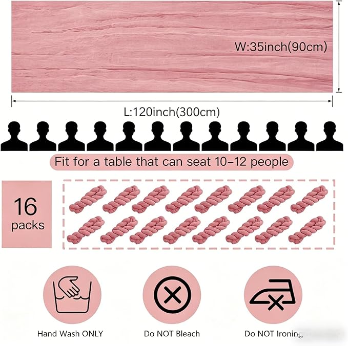 16 Pack Dusty Rose Cheesecloth Table Runner 10FT, Boho Gauze Cheese Cloth Table Runner Long Rustic Sheer Dusty Pink Table Runners for Wedding Bridal Baby Shower Birthday Party Table Decorations