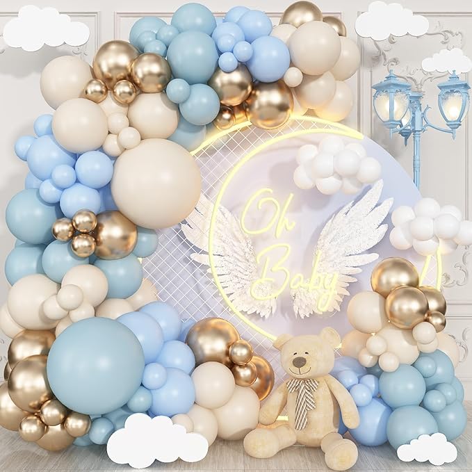 Dusty Blue Balloon Garland Arch Kit, Pastel Slate Baby Blue Ivory White Sand Metallic Gold Latex Balloons for Boy Birthday Baby Bridal Shower Wedding Gender Reveal Party Decorations Supplies