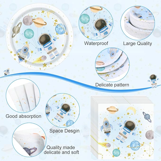 Potchen 452 Pcs Party Supplies Serve 50 Guests, Paper Plates Napkins Cups Cutlery Plastic Tablecloth Dinnerware for Birthday Wedding Party Decoration (Baby Blue, Space)