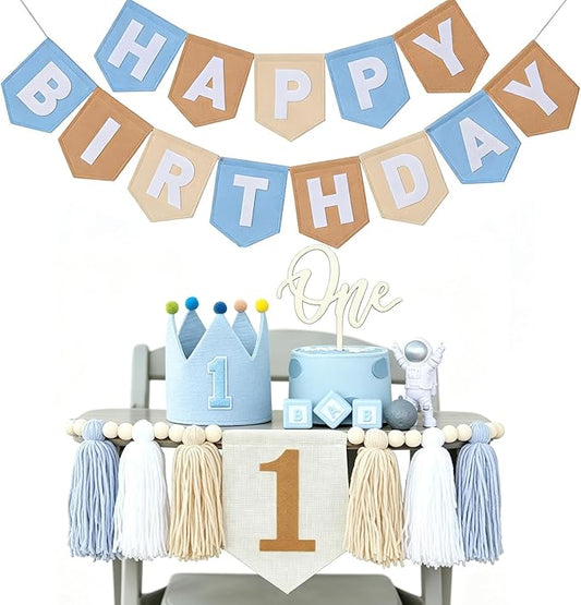 1st Birthday Decorations for Boy - Felt Happy Birthday Banner First Birthday High Chair Banner, Crown Hat, Cake Topper, Pre-Strung Highchair Birthday Banner Birthday Party Supplies (KBlue One)