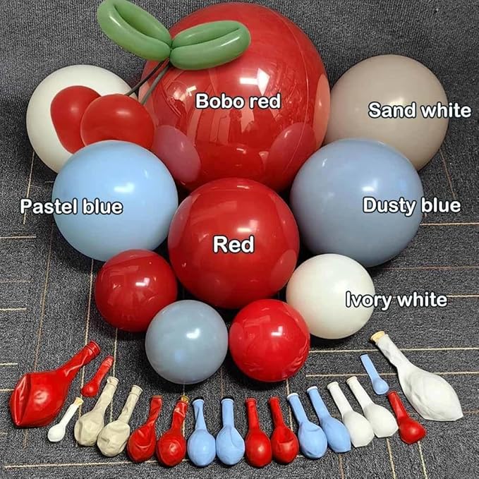 Red Blue Cherry Balloon Arch Kit Double Stuffed, Ruby Red Dusty Light Blue White Sand Ivory Balloon Garland with Long Latex Balloons for Cherry on Top Birthday Mothers Day Baby Shower Party Decor