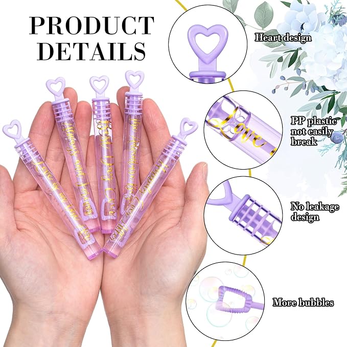 Hollowfly 60 Pack Purple Gold Lavender Wedding Mini Bubble Wands for a Wedding Bulk Heart Bubble for Guests Send Off Wand Adults Bridal Exit Shower Party Supplies Valentine Anniversaries Celebration