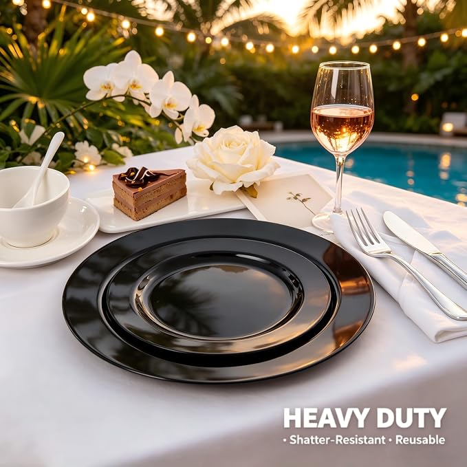 FLOWERCAT 60PCS Black Plastic Plates - Heavy Duty Black Disposable Plates for 30 guests Graduation Party/Wedding/Memorial Day - Include 30PCS 10.25inch Dinner Plates and 30PCS 7.5inch Dessert Plates