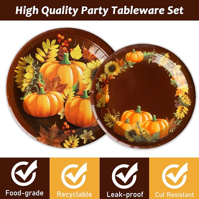 chiazllta 96 Pcs Thanksgiving Party Paper Plate and Napkins Supplies Fall Pumpkin & Sunflower Dessert Plates Thanksgiving Disposable Tableware Paper Plates Napkins Forks for Party Favors 24 Guests