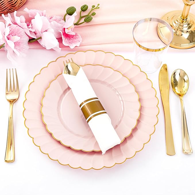 YOUBET 350PCS Pink Scalloped Plastic Plates - Pink and Gold Disposable Dinnerware Set Include 100 Plates, 150 Gold Silverware, 50 Cups, 50 Napkins for Wedding & Party Mothers Day